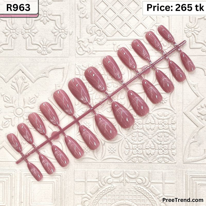 Glossy Dusty Rose Pink Silver Magnet Velvet Cat Eye Coffin Press On Nails (24 Pcs) - R963