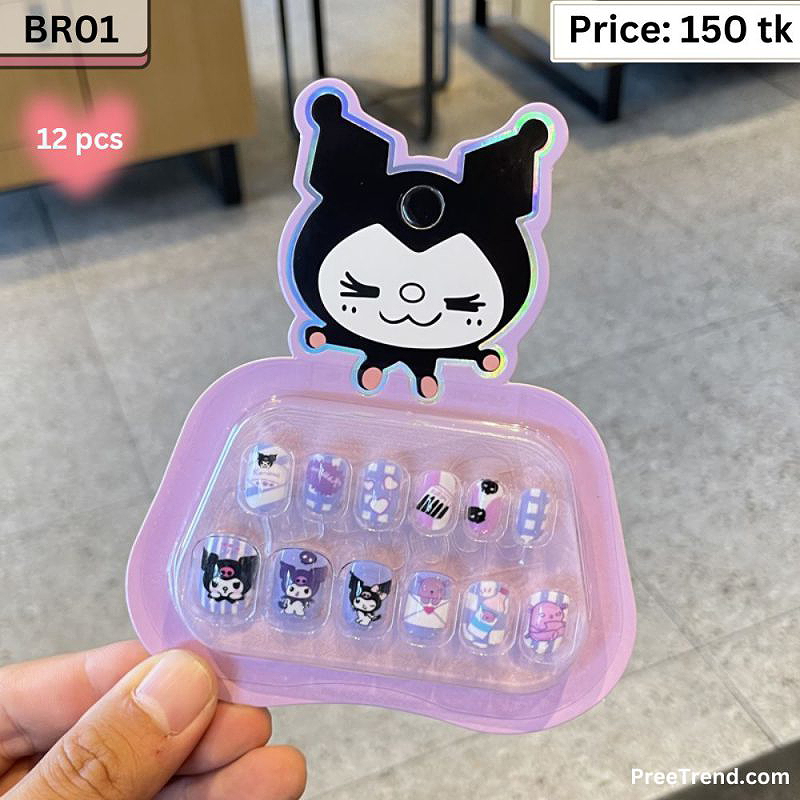 Sanrio Kuromi Character Purple Checkerboard & Heart Kids Short Press On Nails (12 Pcs) - BR01