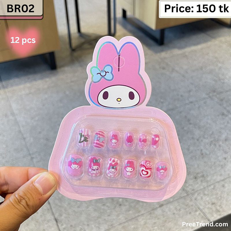 Sanrio My Melody Character Pink Floral & Heart Kids Short Press On Nails (12 Pcs) - BR02