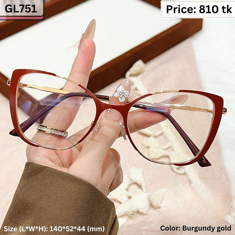 Burgundy Red and Gold Hollow Cat Eye Metal Frame Eyeglasses for Women – GL751