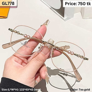 Tea Gold Pearl Accent Geometric Round Metal Frame Eyeglasses for Women – GL778