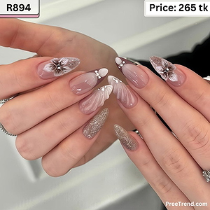 3D White Lily Floral Pearl Seashell Texture & Platinum Silver Glitter French Nude Almond Press On Nails (24 Pcs) - R894