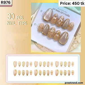 3D Gold Liquid Frame Pearl Flower Champagne Shimmer Velvet Almond Press On Nails (30 Pcs) - R976