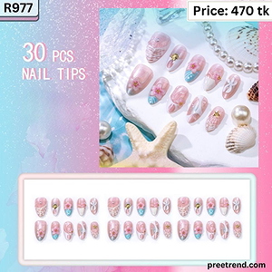3D Seashell Starfish & Hibiscus Flower Ocean Blue Pink Ombre Almond Press On Nails (30 Pcs) - R977