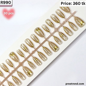 3D Metallic Gold Ribbon Bow Polka Dot Champagne Chrome Coffin Press On Nails (30 Pcs) - R990