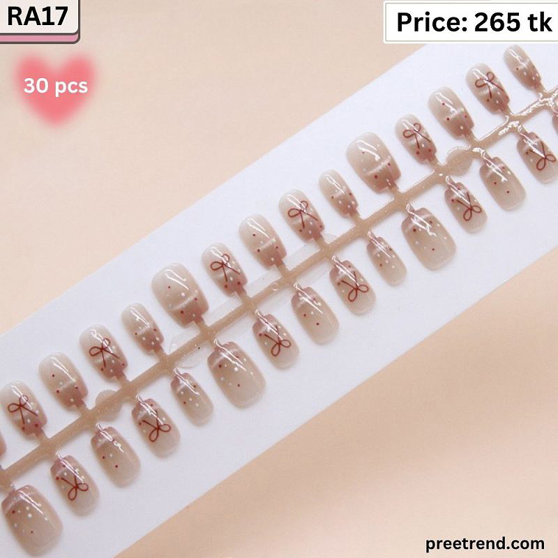 3D Brown Ribbon Bow Accent Polka Dot Nude Velvet Cat Eye Short Square Press On Nails (30 Pcs) - RA17