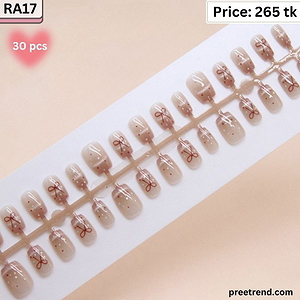 3D Brown Ribbon Bow Accent Polka Dot Nude Velvet Cat Eye Short Square Press On Nails (30 Pcs) - RA17