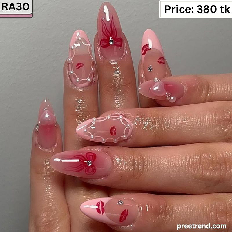 3D Pearl Heart Accent Butterfly & Red Lip Kiss Print French Almond Press On Nails (24 Pcs) - RA30