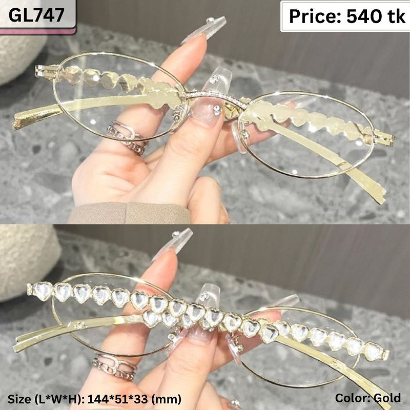 Gold Crystal Heart Rim Slim Oval Metal Frame Eyeglasses for Women – GL747
