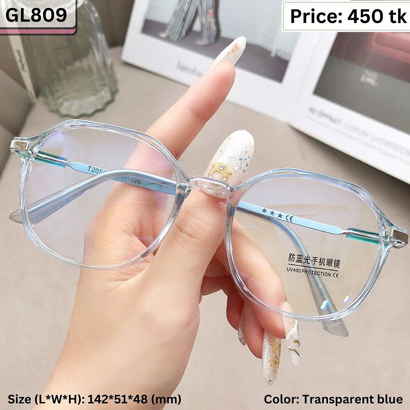 Transparent Blue Geometric Polygonal Plastic and Metal Frame Eyeglasses for Women & Men – GL809