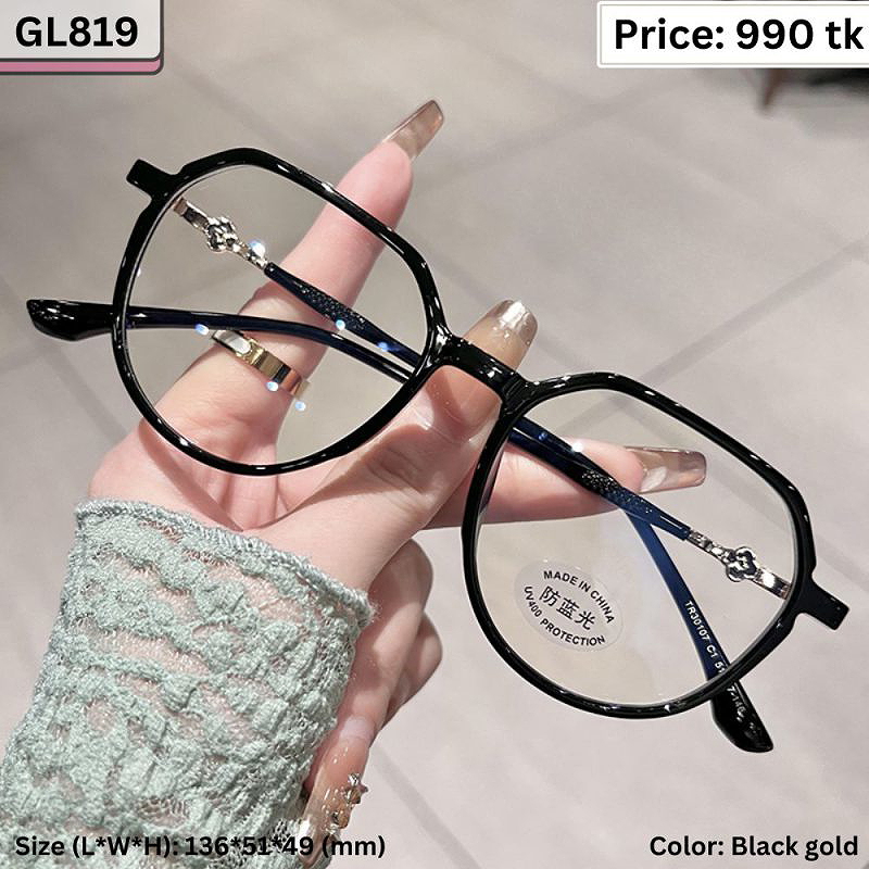 Black and Gold Clover Temple Polygonal Round Plastic and Metal Frame Eyeglasses for Women & Men – GL819