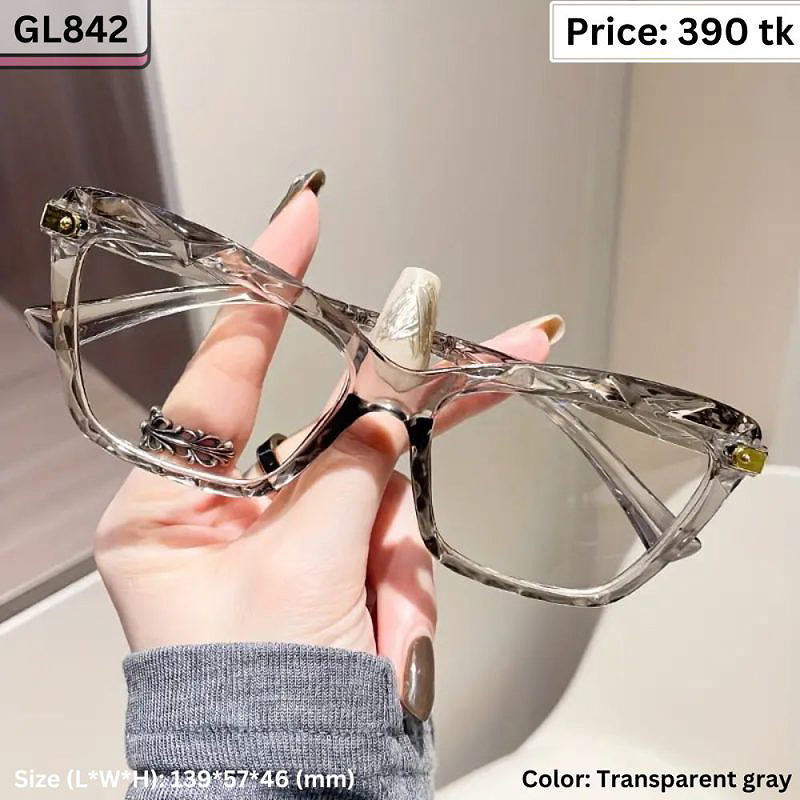 Transparent Gray Geometric Textured Cat Eye Plastic Frame Eyeglasses for Women & Men – GL842