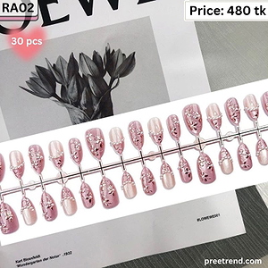 3D Floral Bouquet Pearl Drape Rim Pink Velvet Cat Eye Almond Press On Nails (30 Pcs) - RA02