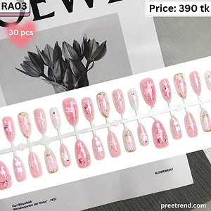 3D Gold Thread Wrap Floral Ribbon Bow Peach Pink Almond Press On Nails (30 Pcs) - RA03