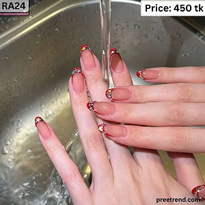 Rhinestone Gem Accent Classic Deep Red French Tip Medium Oval Press On Nails (30 Pcs) - RA24