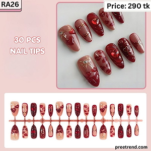 3D Red Crystal Heart Charm Kiss Lip Print Ribbon Bow French Square Press On Nails (30 Pcs) - RA26