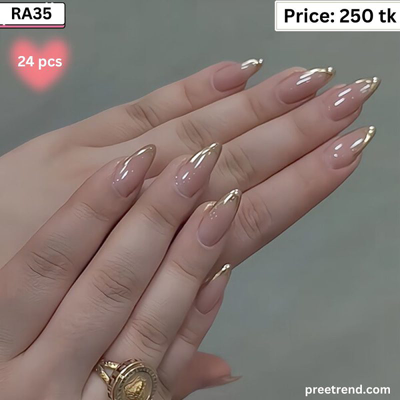 Glossy Metallic Chrome Silver French Tip Sheer Nude Medium Oval Press On Nails (24 Pcs) - RA35