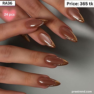 Glossy Mirror Chrome Gold French Tip Chocolate Brown Almond Press On Nails (24 Pcs) - RA36