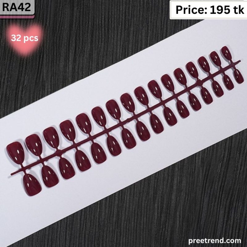 Glossy Deep Wine Red Solid Color Short Oval Press On Nails (32 Pcs) - RA42
