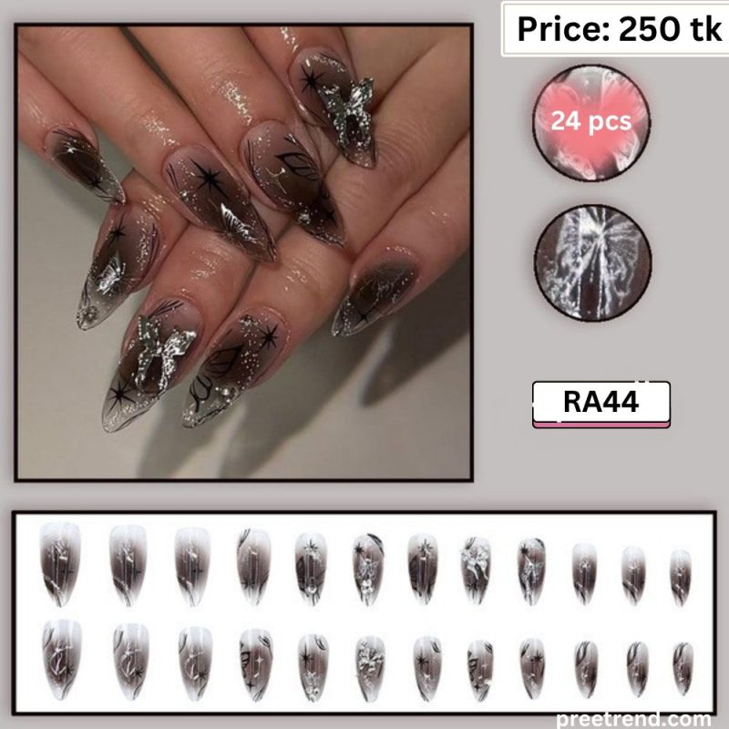 3D Silver Butterfly Charm Star Graphic Black Aura Ombre Almond Press On Nails (24 Pcs) - RA44