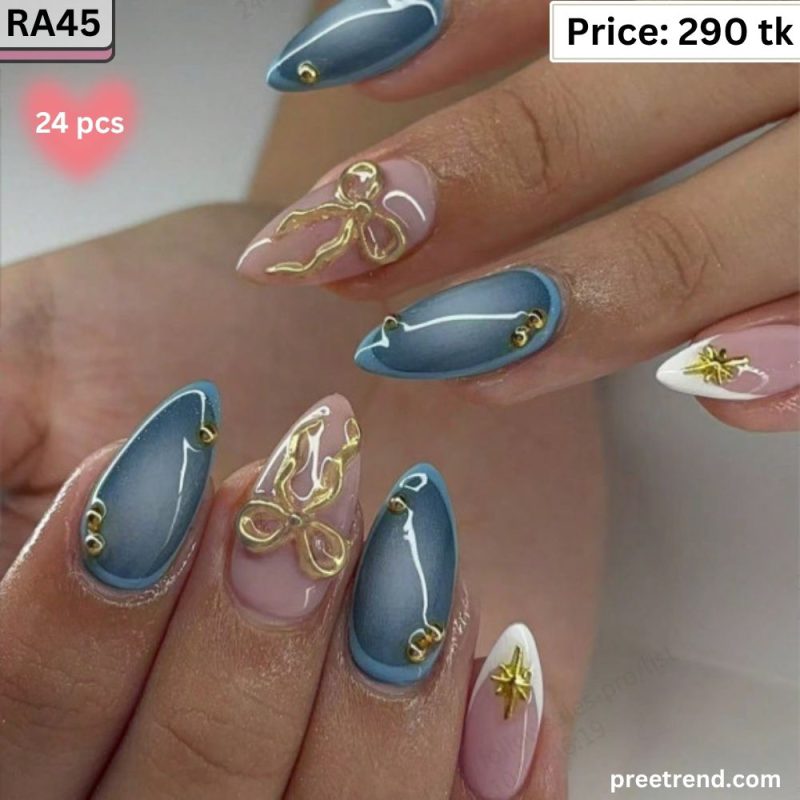 3D Gold Ribbon Bow Charm Star Accent Pastel Blue & White French Almond Press On Nails (24 Pcs) - RA45