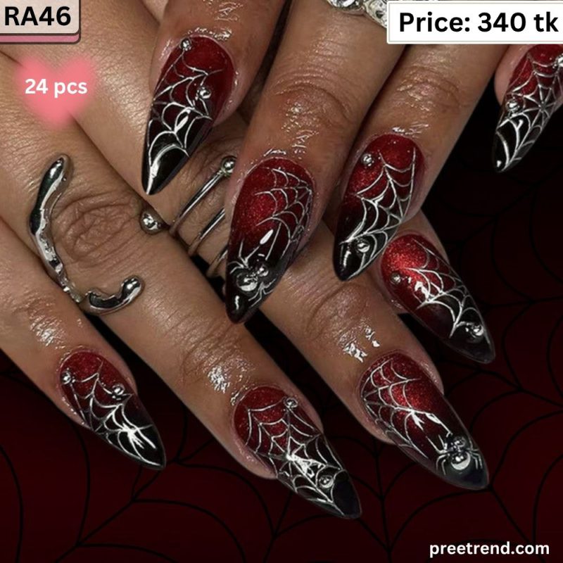 Printed Spiderweb Spider Graphic Halloween Blood Ombre Black Red Almond Cat Eye Press On Nails (24 Pcs) - RA46