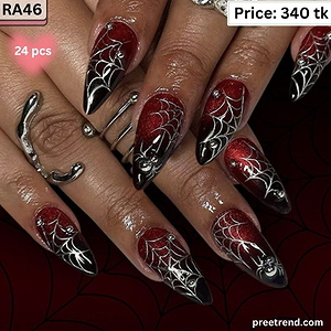 Printed Spiderweb Spider Graphic Halloween Blood Ombre Black Red Almond Cat Eye Press On Nails (24 Pcs) - RA46
