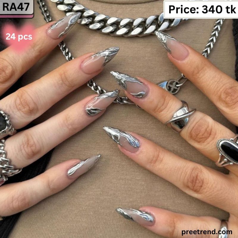 3D Liquid Metallic Silver Chrome Drip Swirl French Sheer Nude Almond Press On Nails (24 Pcs) - RA47