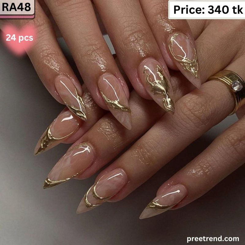3D Liquid Metallic Gold Chrome Drip Swirl French Sheer Nude Almond Press On Nails (24 Pcs) - RA48