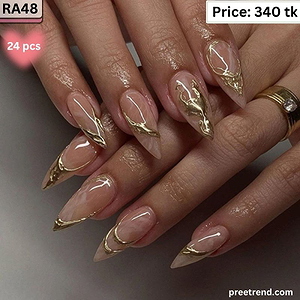 3D Liquid Metallic Gold Chrome Drip Swirl French Sheer Nude Almond Press On Nails (24 Pcs) - RA48