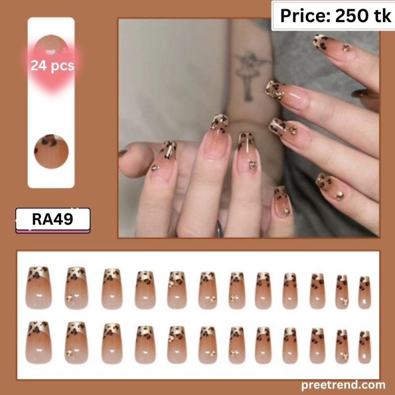 3D Gold Rhinestone Accent Gold Shimmer Leopard Animal Print Medium Coffin Press On Nails (24 Pcs) - RA49