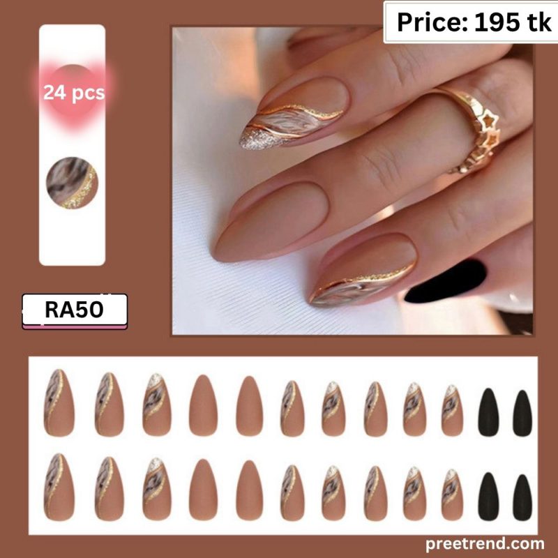 Printed Matte Black & Taupe Nude Gold Glitter Marble Swirl Line Almond Press On Nails (24 Pcs) - RA50