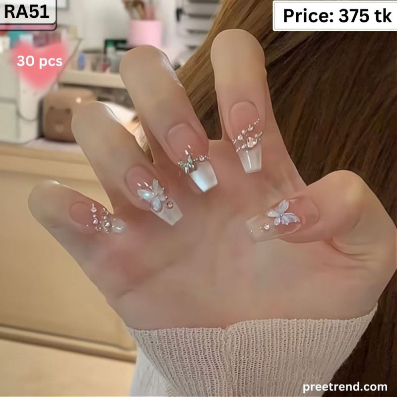 3D White Butterfly Charm Rhinestone Bead White Chrome French Long Coffin Press On Nails (30 Pcs) - RA51
