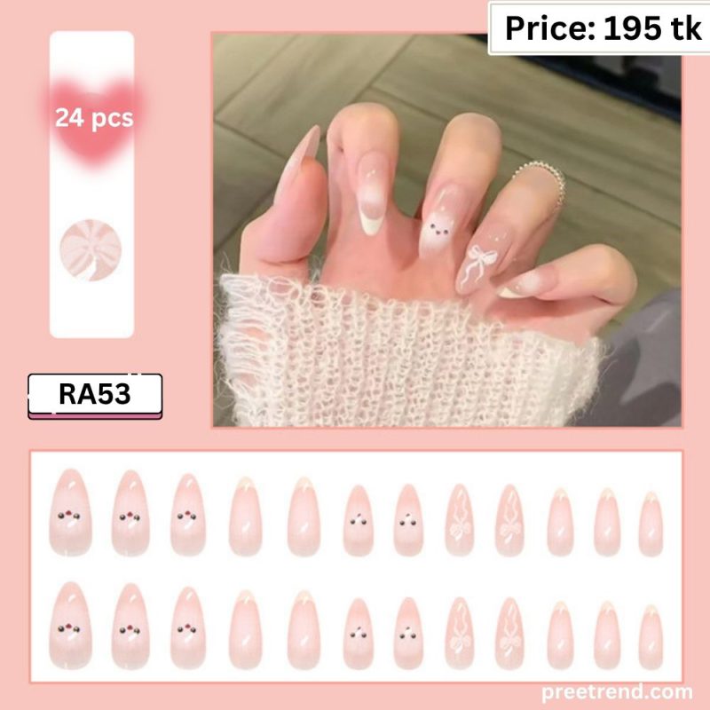 Cute Chick Bird Face Printed White Bow French Tip Blush Pink Almond Press On Nails (24 Pcs) - RA53