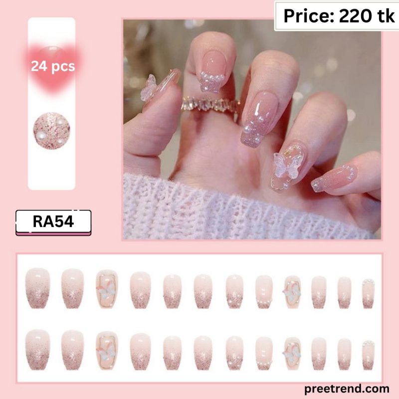 3D Butterfly Charm Pearl Bead Accent Rose Gold Glitter Gradient Short Coffin Press On Nails (24 Pcs) - RA54