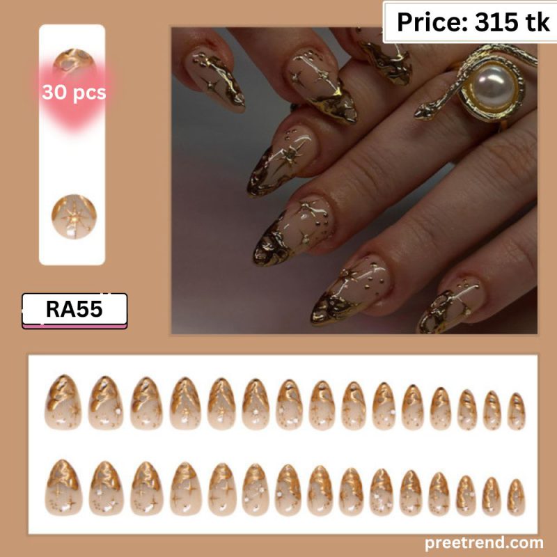 3D Textured Vintage Metallic Gold Carved Sun Star Moon Milky Sheer Almond Press On Nails (30 Pcs) - RA55