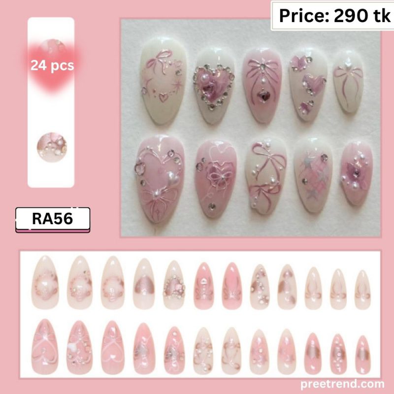 3D White Heart Pearl Rhinestone Accent Metallic Star Ribbon Almond Press On Nails (24 Pcs) - RA56
