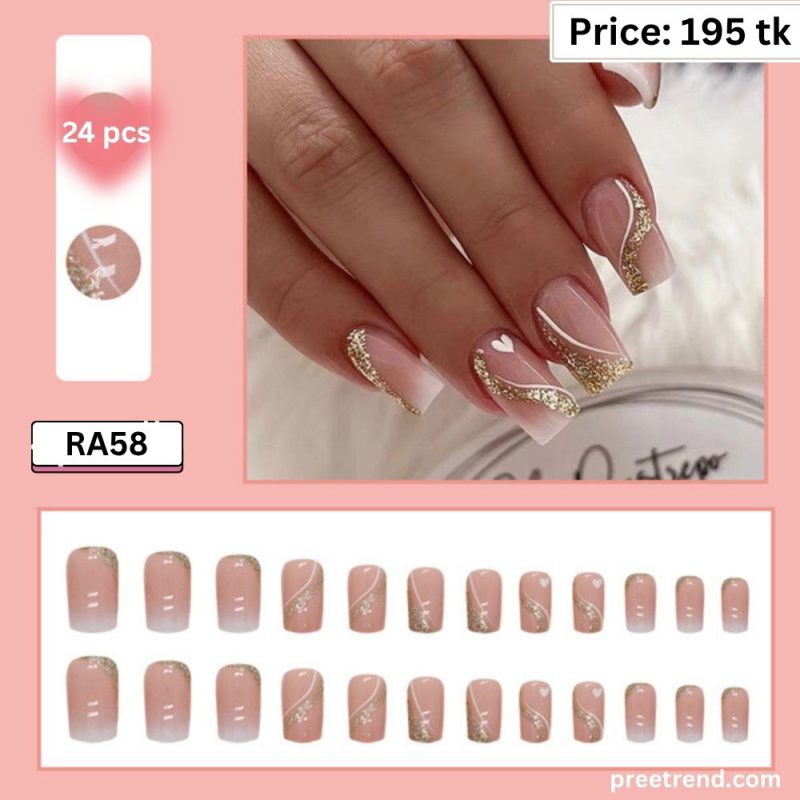 Printed White Ribbon Bow Wave Swirl & Gold Glitter Border Ombre French Short Square Press On Nails (24 Pcs) - RA58
