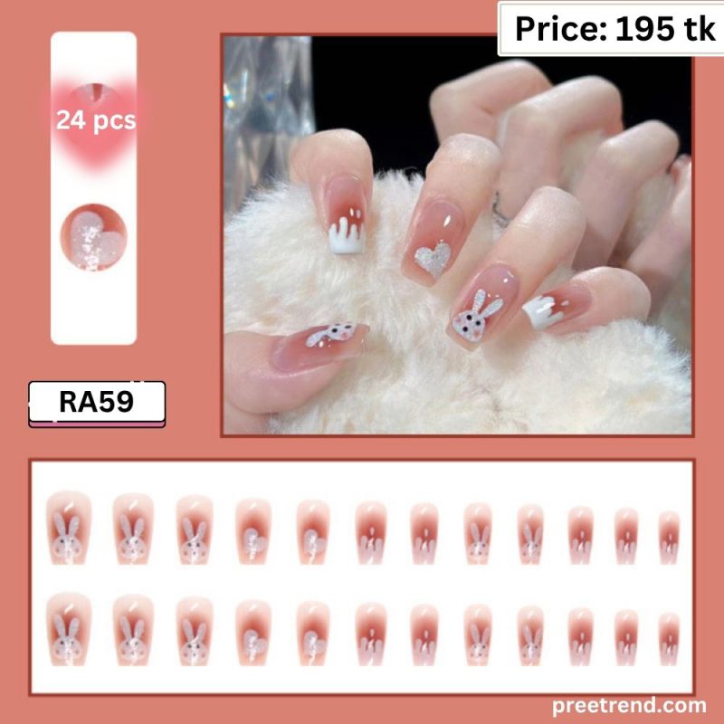 Printed Cute White Bunny Rabbit Dripping Heart Graphic Pink Blush Short Square Press On Nails (24 Pcs) - RA59