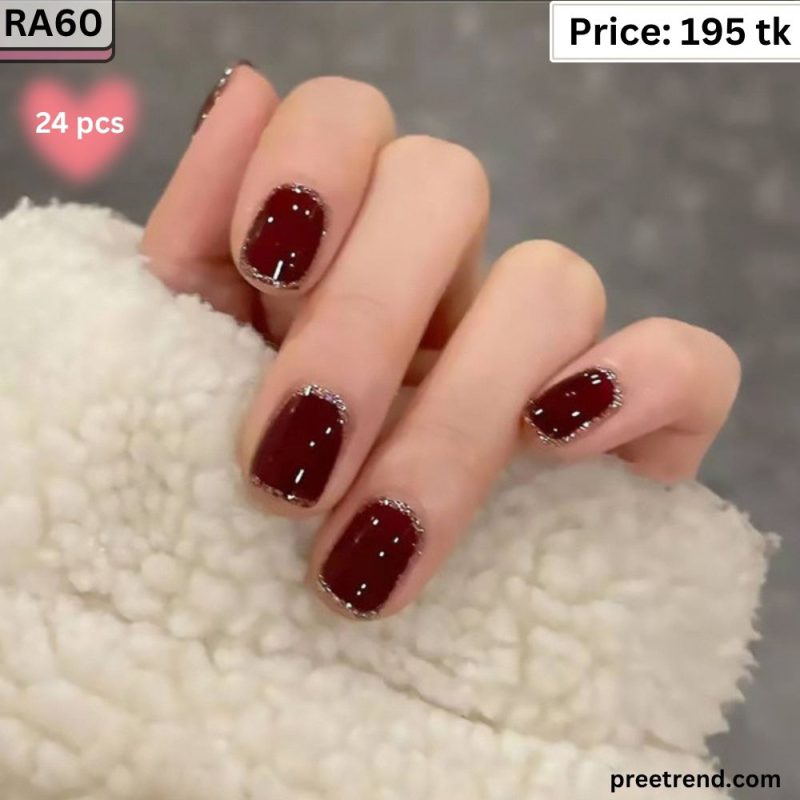 Printed Glossy Dark Maroon Wine Red Fine Glitter Border Short Square Press On Nails (24 Pcs) - RA60