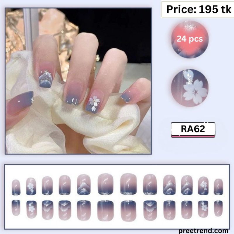 Printed Silver Glitter Wave Outline & Floral Cherry Blossom Navy Blue Ombre Short Square Press On Nails (24 Pcs) - RA62
