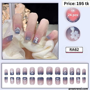 Printed Silver Glitter Wave Outline & Floral Cherry Blossom Navy Blue Ombre Short Square Press On Nails (24 Pcs) - RA62