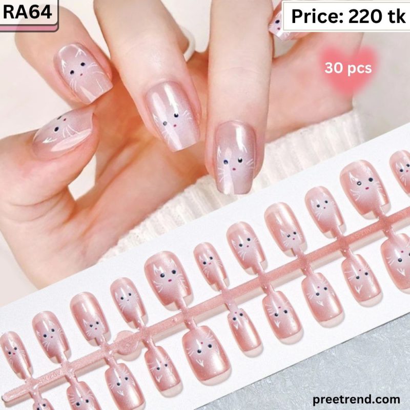 Printed Cute White Cat Kitty Face Glaze French Tip Champagne Pink Velvet Short Square Press On Nails (30 Pcs) - RA64