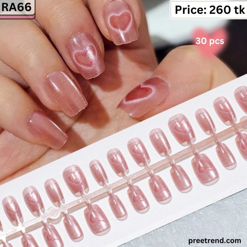 3D Magnetic Aura Heart Printed White Edge French Metallic Rose Gold Velvet Short Square Press On Nails (30 Pcs) - RA66