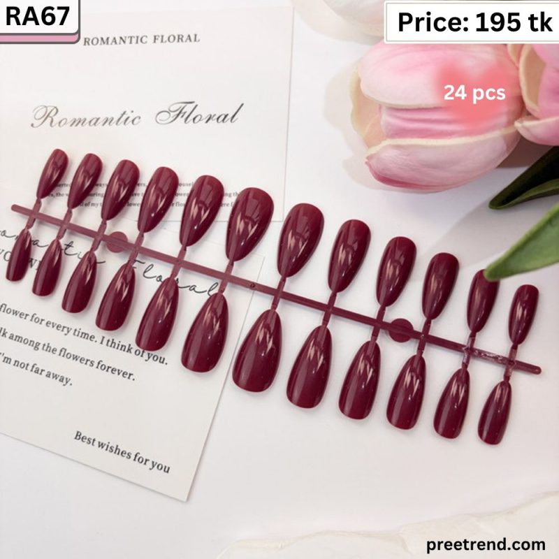 Glossy Deep Burgundy Plum Wine Red Solid Color Medium Almond Press On Nails (24 Pcs) - RA67