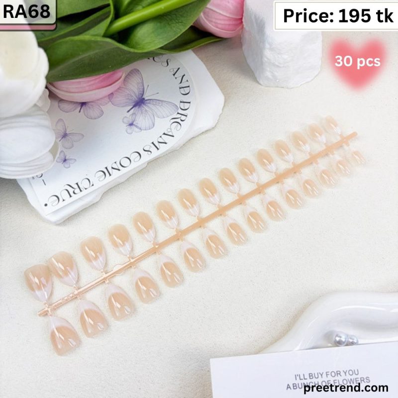 Classic White Smile Line French Tip Glossy Soft Beige Nude Almond Press On Nails (30 Pcs) - RA68
