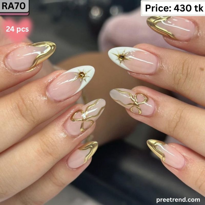 3D Metallic Gold Chrome Wave French Tip Ribbon Bow Almond Press On Nails (24 Pcs) - RA70