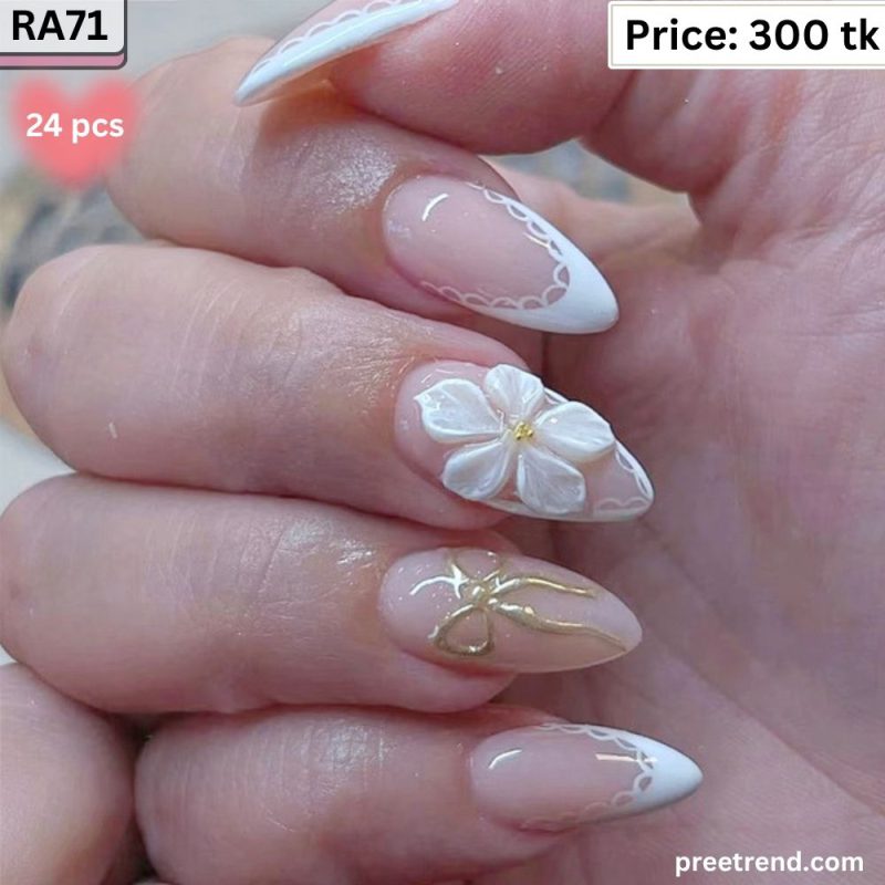 3D White Floral Cherry Blossom Metallic Gold Ribbon Bow Lace French Long Almond Press On Nails (24 Pcs) - RA71