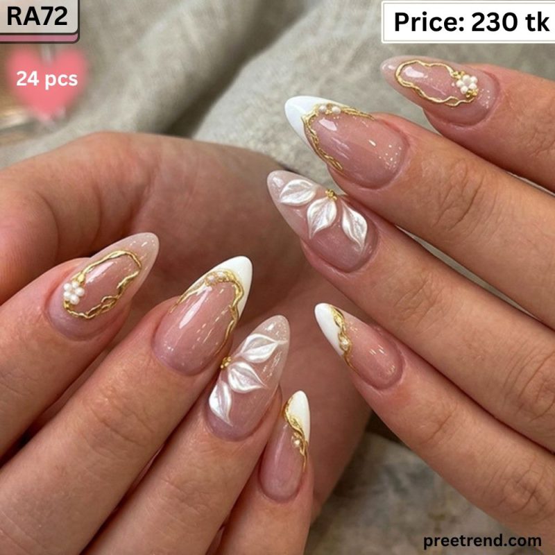 3D White Flower Petal Liquid Metallic Gold Chrome Frame French Medium Coffin Press On Nails (24 Pcs) - RA72