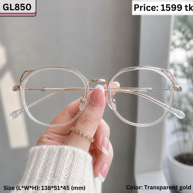 Transparent Gold Geometric Round Cat Ear Plastic and Metal Frame Eyeglasses for Women – GL850